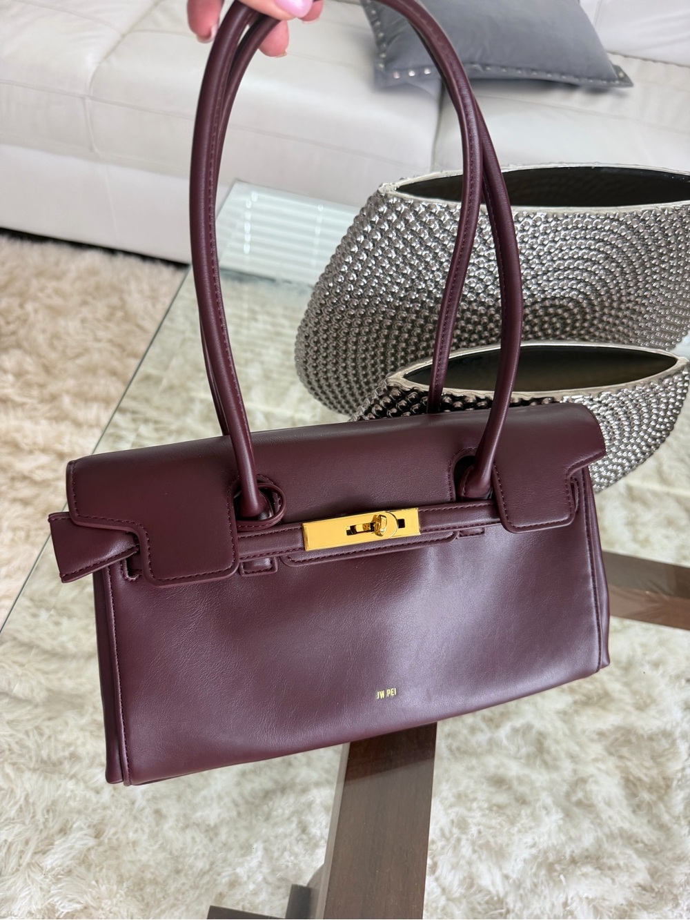 JW Pei Cream Burgundy Leather Top-Handle Women's with Gold Hardware Bag